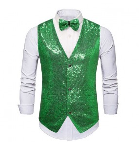 Red silver pink green sequinsJazz dance vest for men youth young dancers nightclub dj ds bar singers party stage performance waistcoats with bow tie